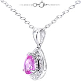 Bezel Set Pear Shape Created Pink Sapphire and 0.1ct Diamond Teardrop Halo Pendant in UK Hallmarked 9ct White Gold